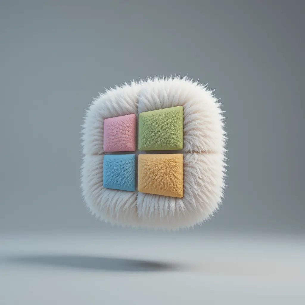 Flauschiges 3D-Logo schwebt vor weichem grauem Hintergrund