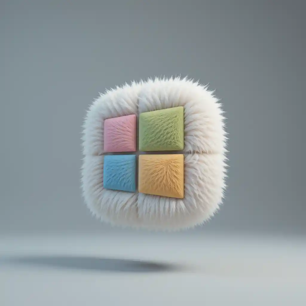 Flauschiges 3D-Logo schwebt vor weichem grauem Hintergrund