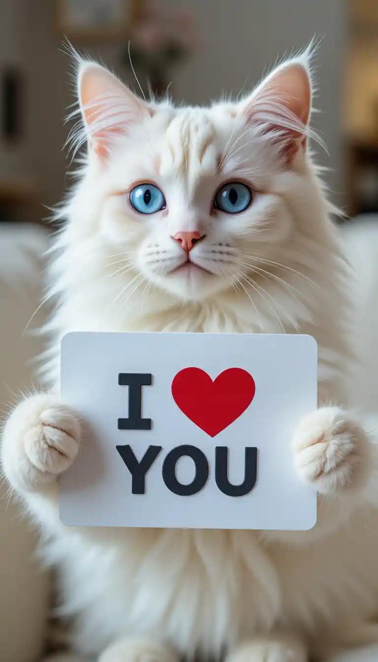 Gatto bianco soffice con occhi azzurri che tiene in mano un biglietto I love you