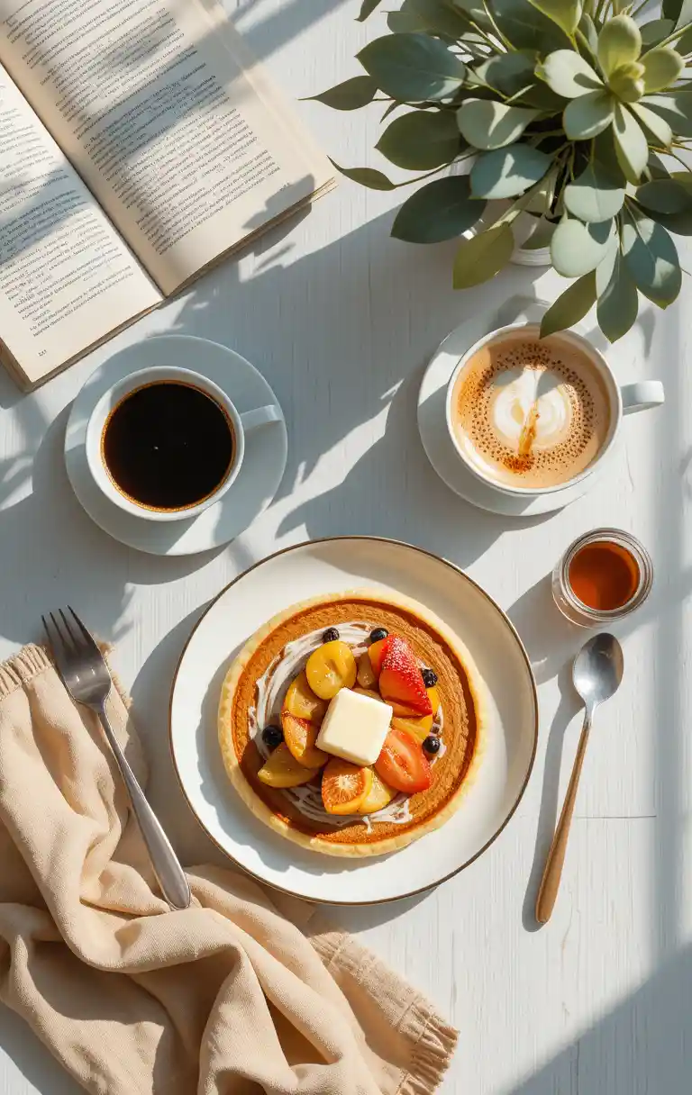 Cozy flat lay breakfast scene with coffee and pancakes