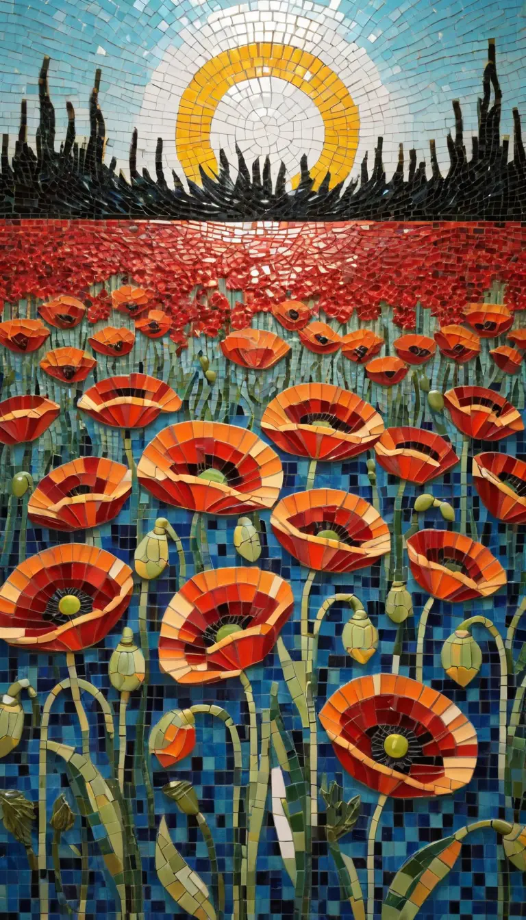 Mosaikkunst eines lebendigen roten Mohnblumenfeldes