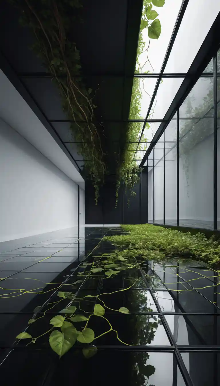 Glass Floor Above Void With Neon Vines And Stark Divide