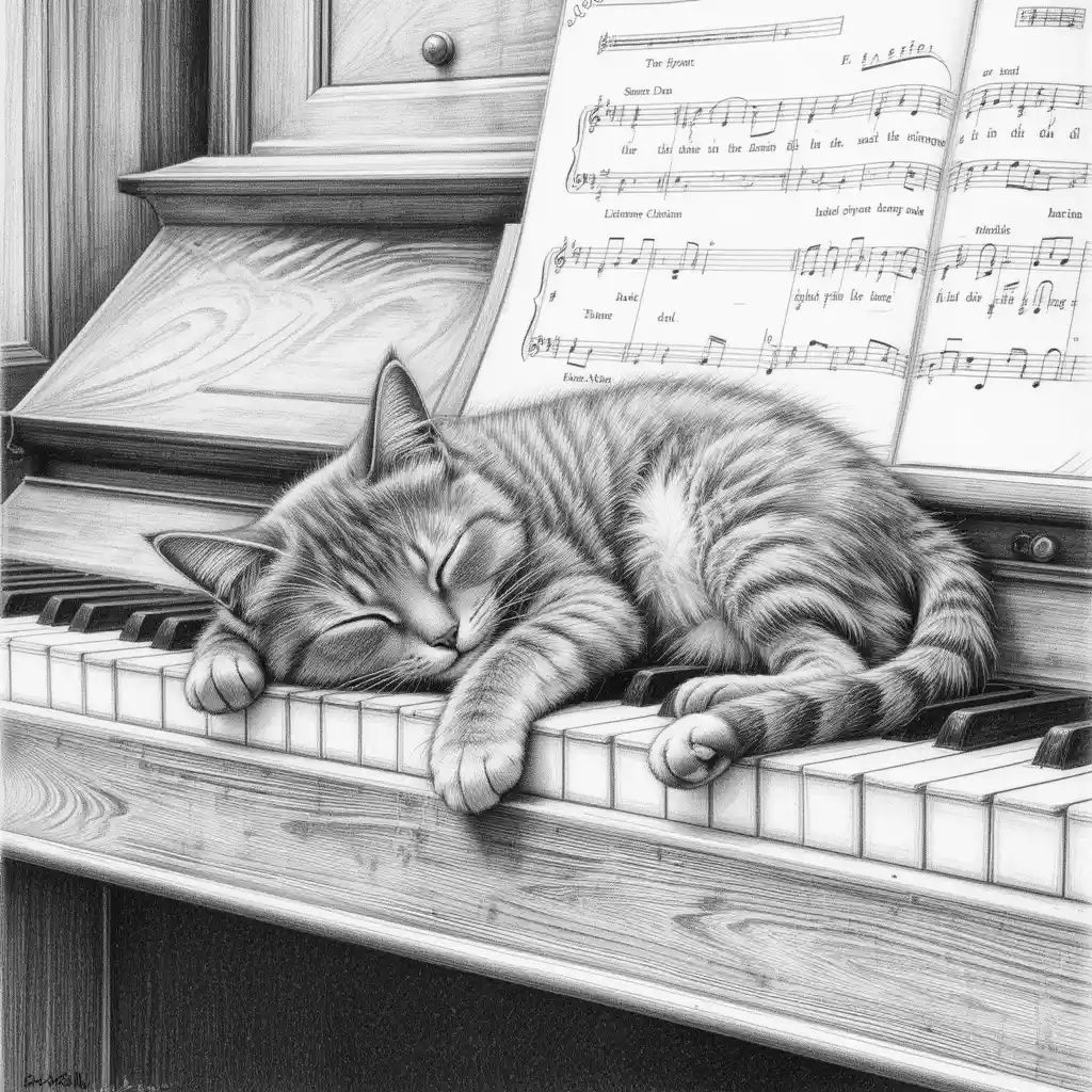 Sleeping british cat on piano keys pencil drawing