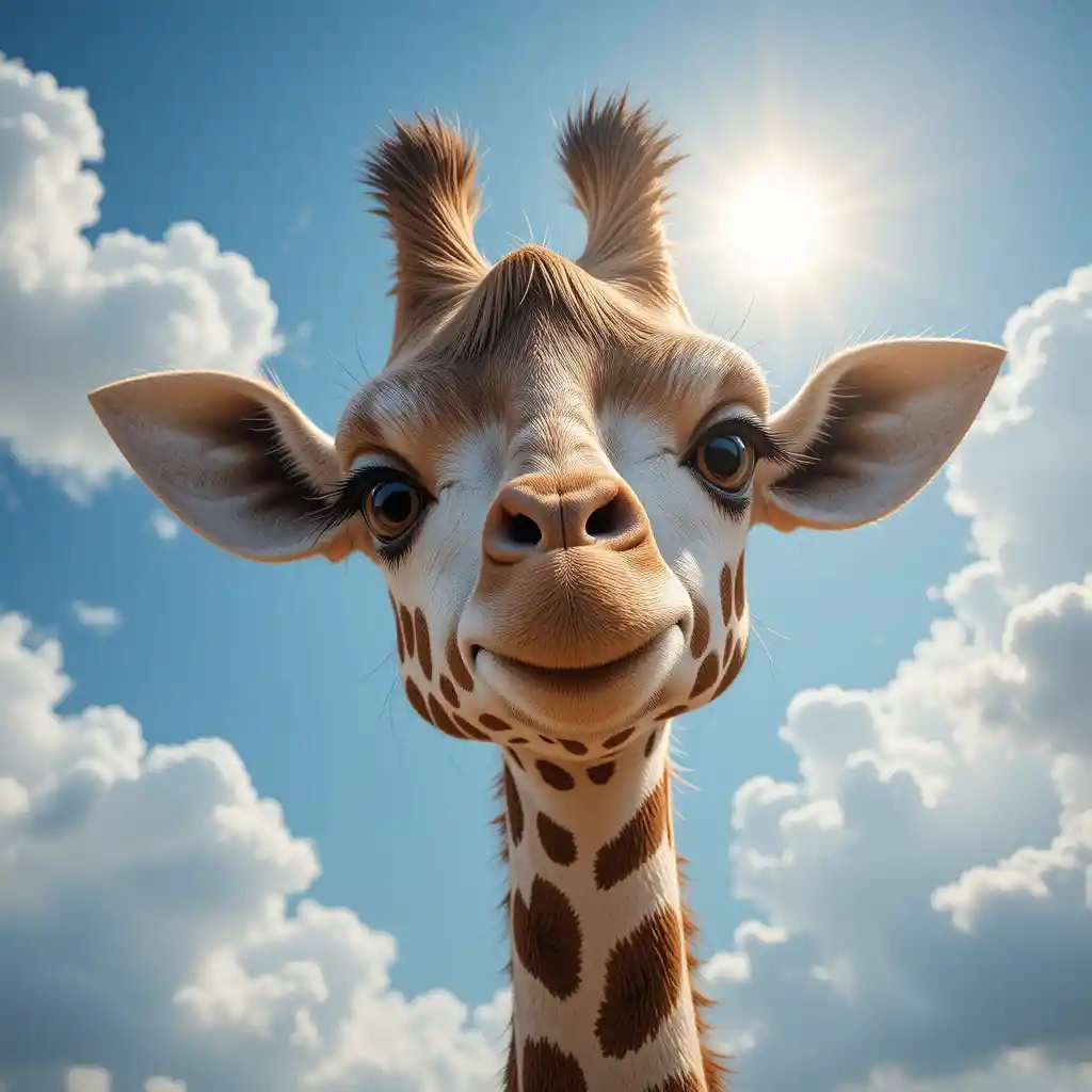 Playful giraffe leaning down under a soft cloudy sky