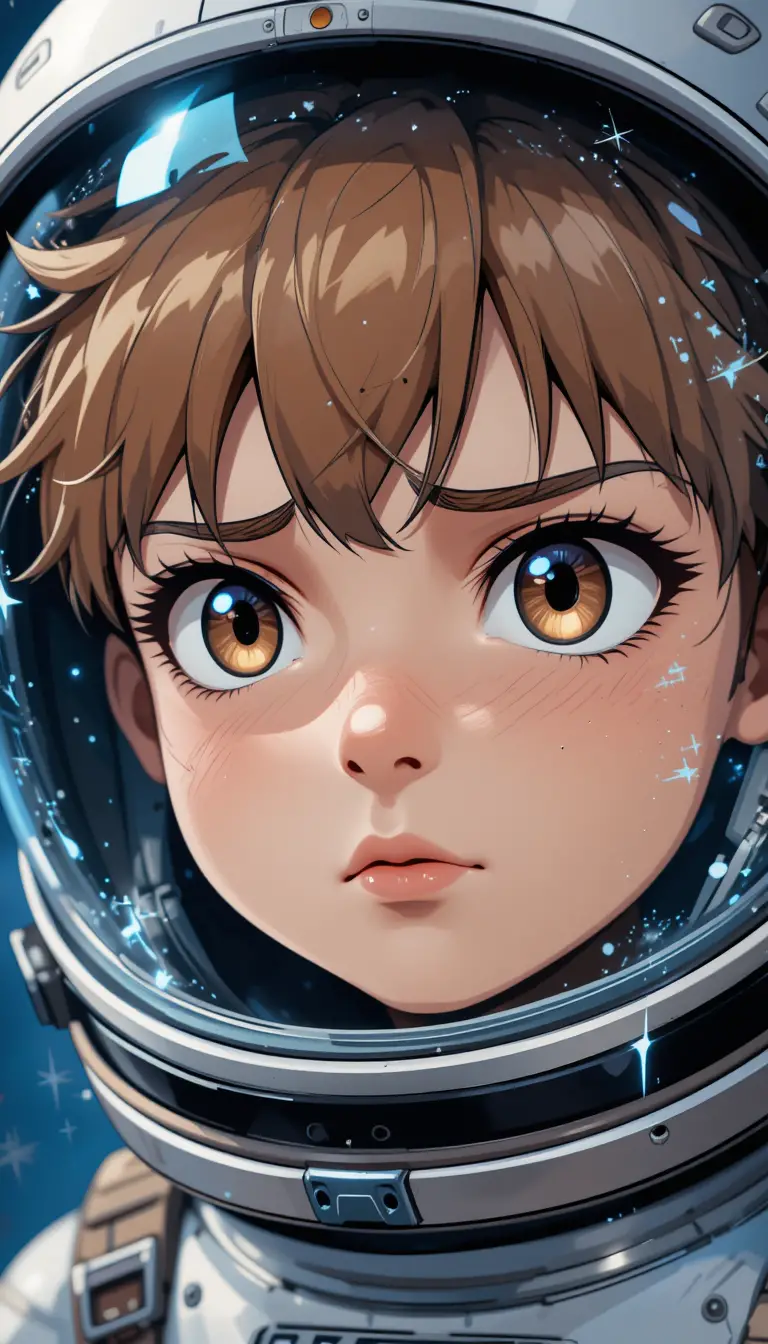 宇宙で決意に満ちたまなざしの若い漫画風宇宙飛行士