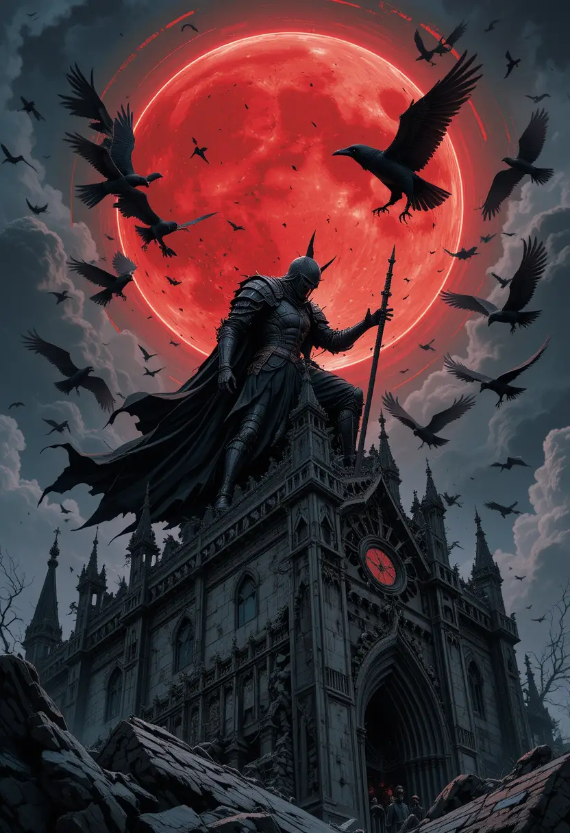 Cursed knight fighting spectral crows on a ruined cathedral