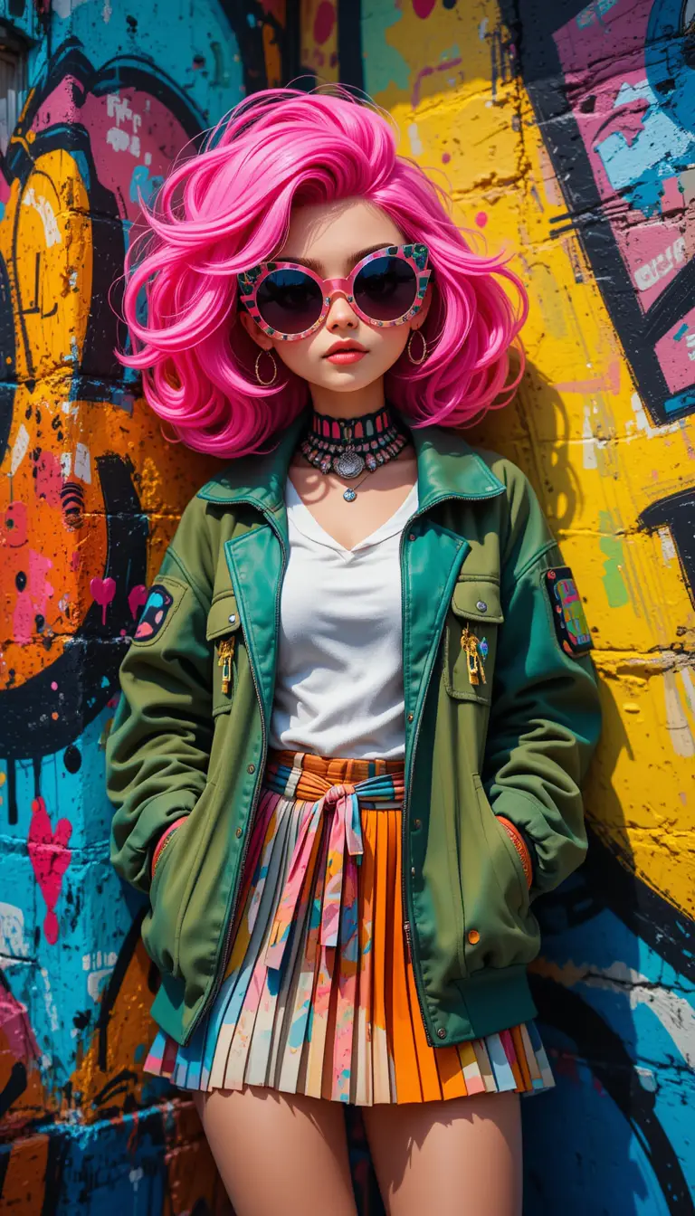 Buntes Cartoon-Fashion-Girl vor Graffiti-Straßenwand