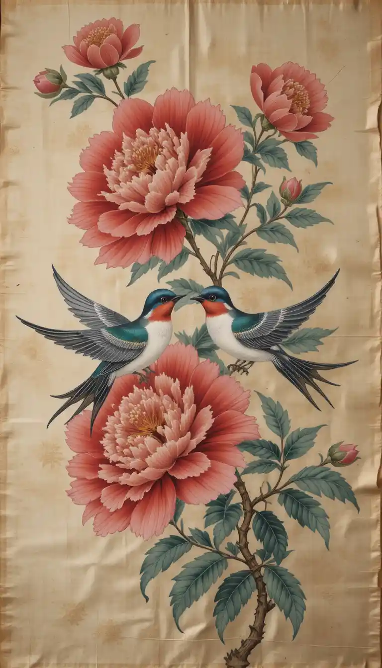 Traditional silk embroidery of swallows and blooming peonies
