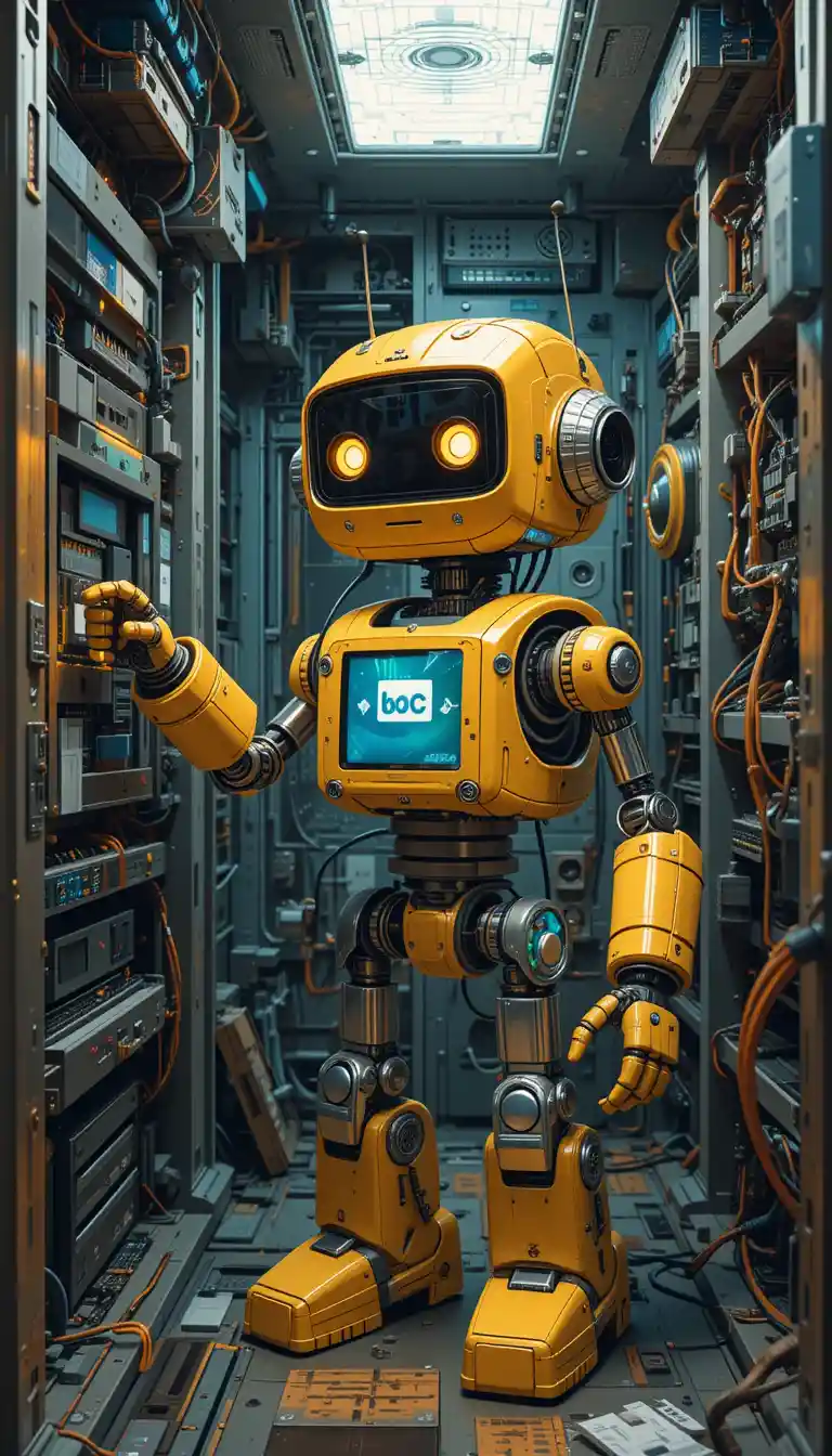 Friendly tiny robot inserting a chip inside computer
