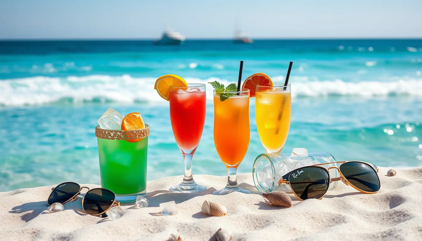 Bunte tropische Cocktails an einem sonnigen Strand mit Meereswellen