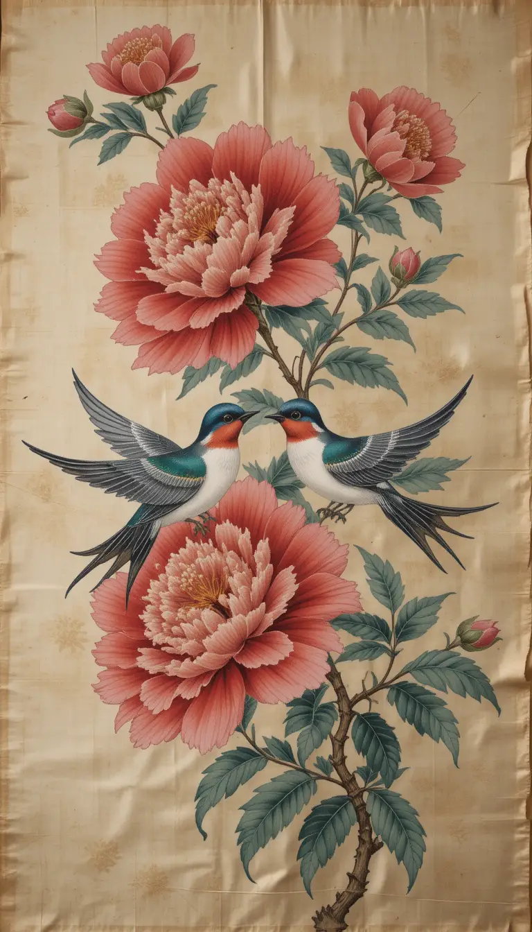 Ricamo tradizionale in seta con rondini e peonie in fiore