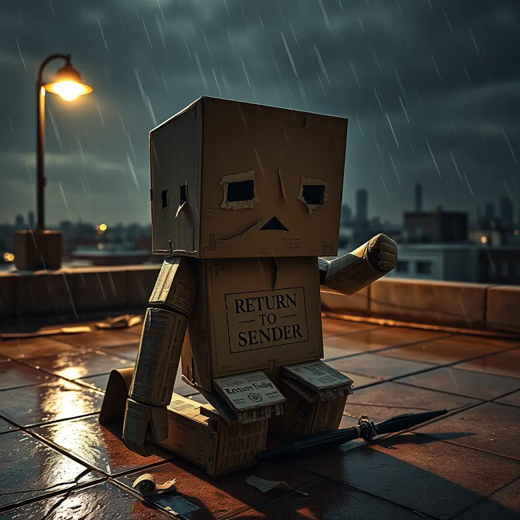Karton-Humanoid kniet auf einem regennassen Dach bei Dämmerung