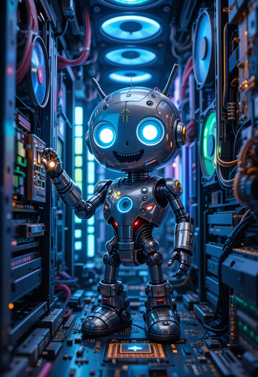 Tiny friendly robot working inside a glowing computer