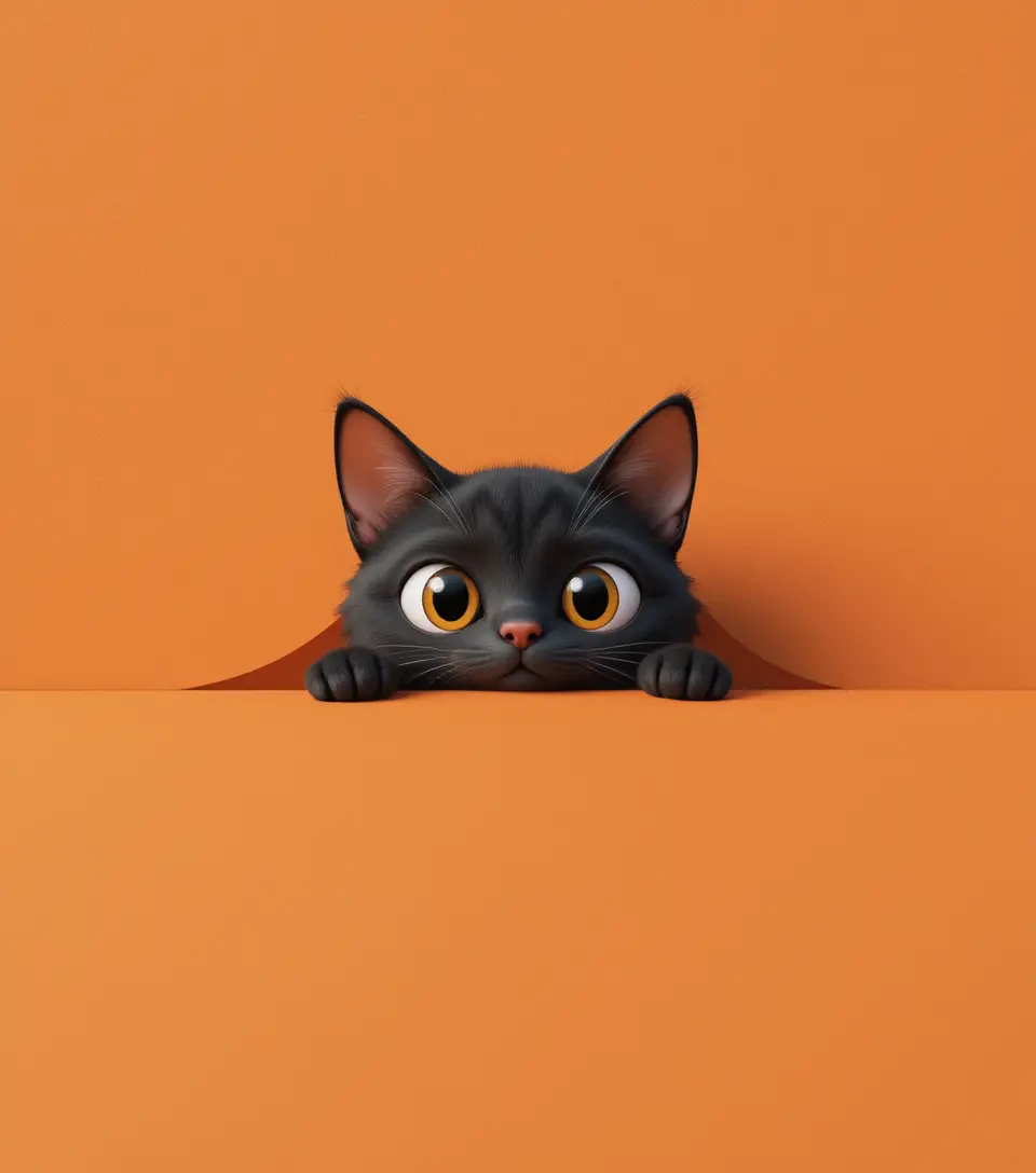 Chat noir de dessin animé aux yeux ronds sous une ombre orange