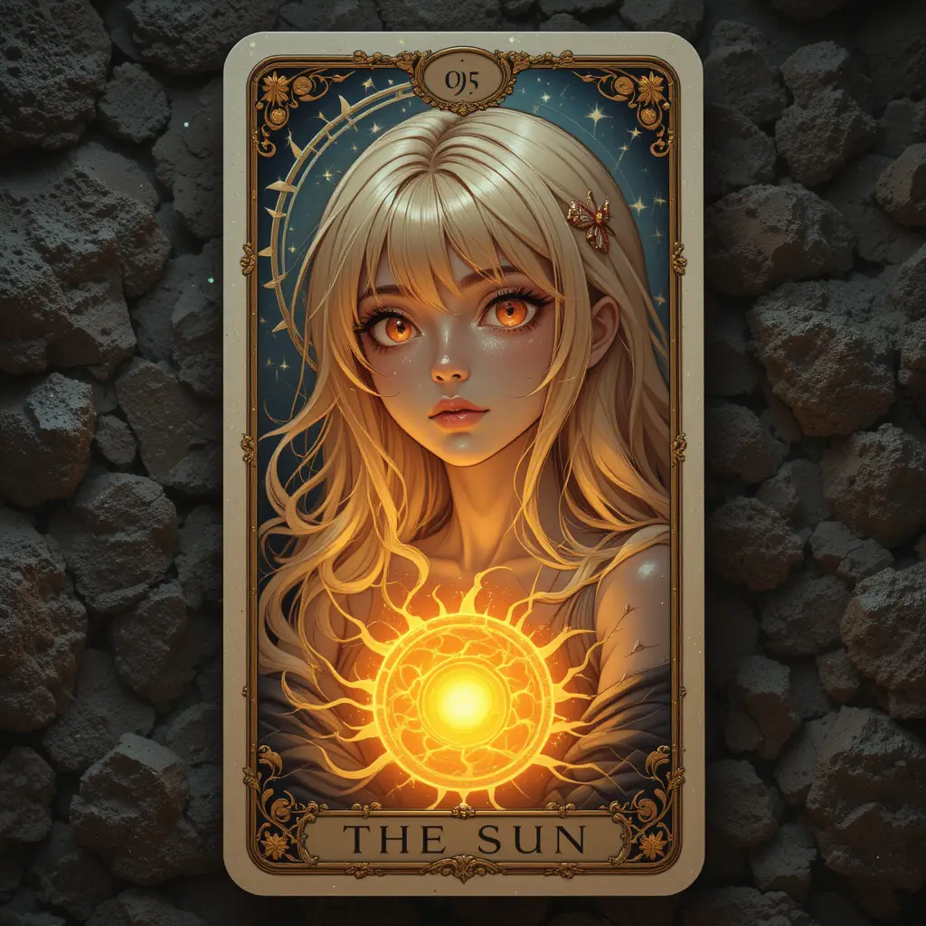 Carte de tarot anime du Soleil avec femme lumineuse