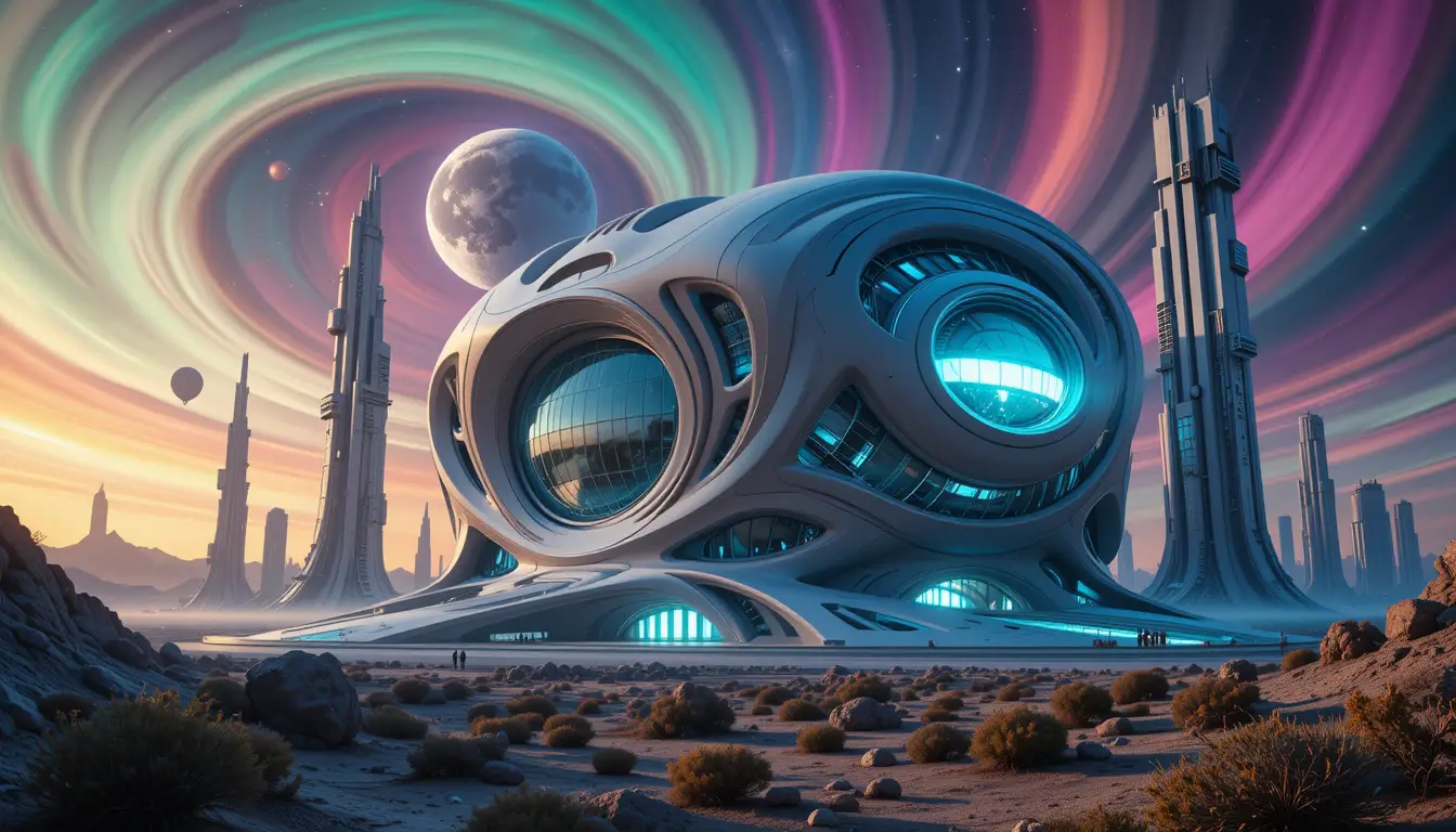 Edificio futuristico arrotondato in un surreale paesaggio urbano desertico