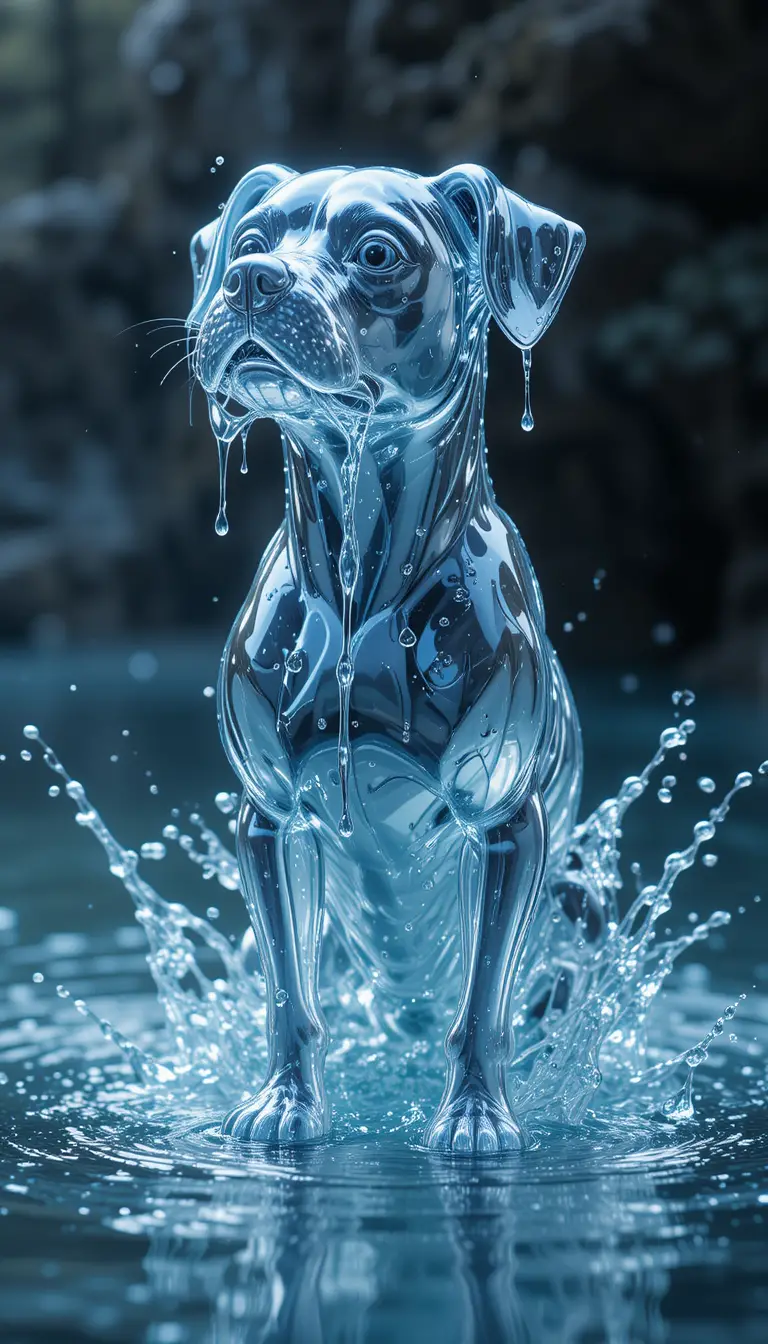 Small dog statue made entirely from splashing water