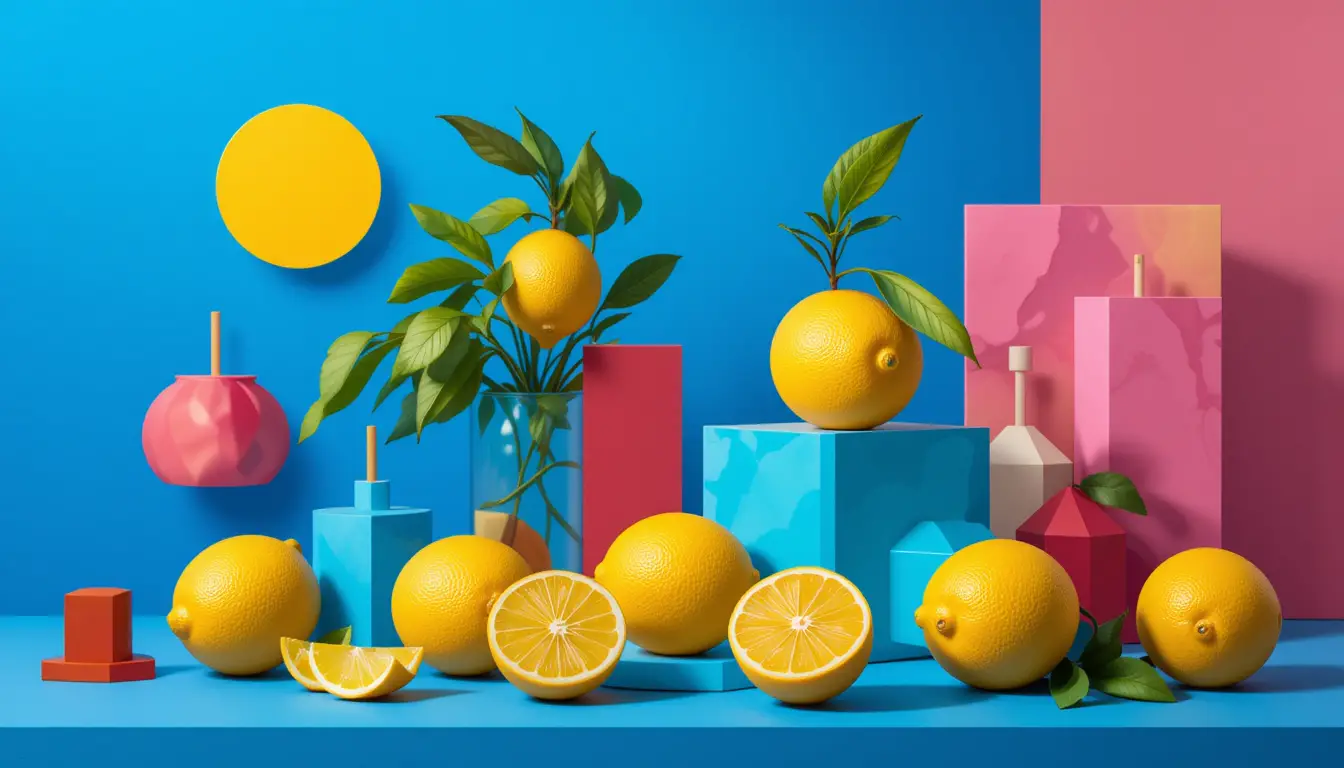 Natura morta vibrante con limoni e forme geometriche