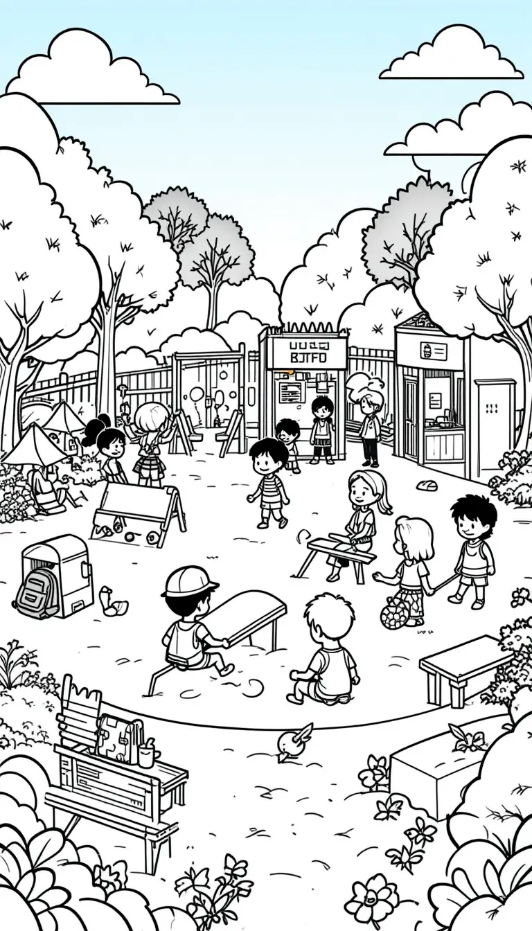 Cartoon-Spielplatzszene mit gemeinsam spielenden Kindern