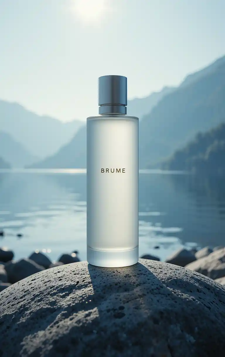Minimalist perfume bottle on tranquil lakeside pebble