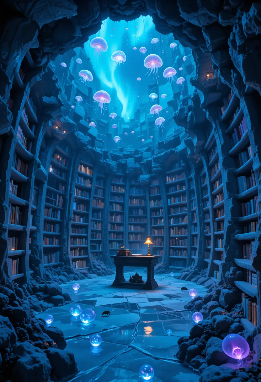 Unterwasser-Korallenbibliothek unter leuchtendem Polareis