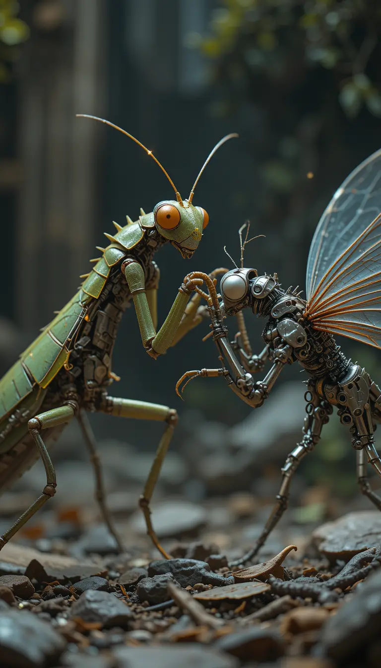 Mantide e libellula meccaniche in una feroce battaglia