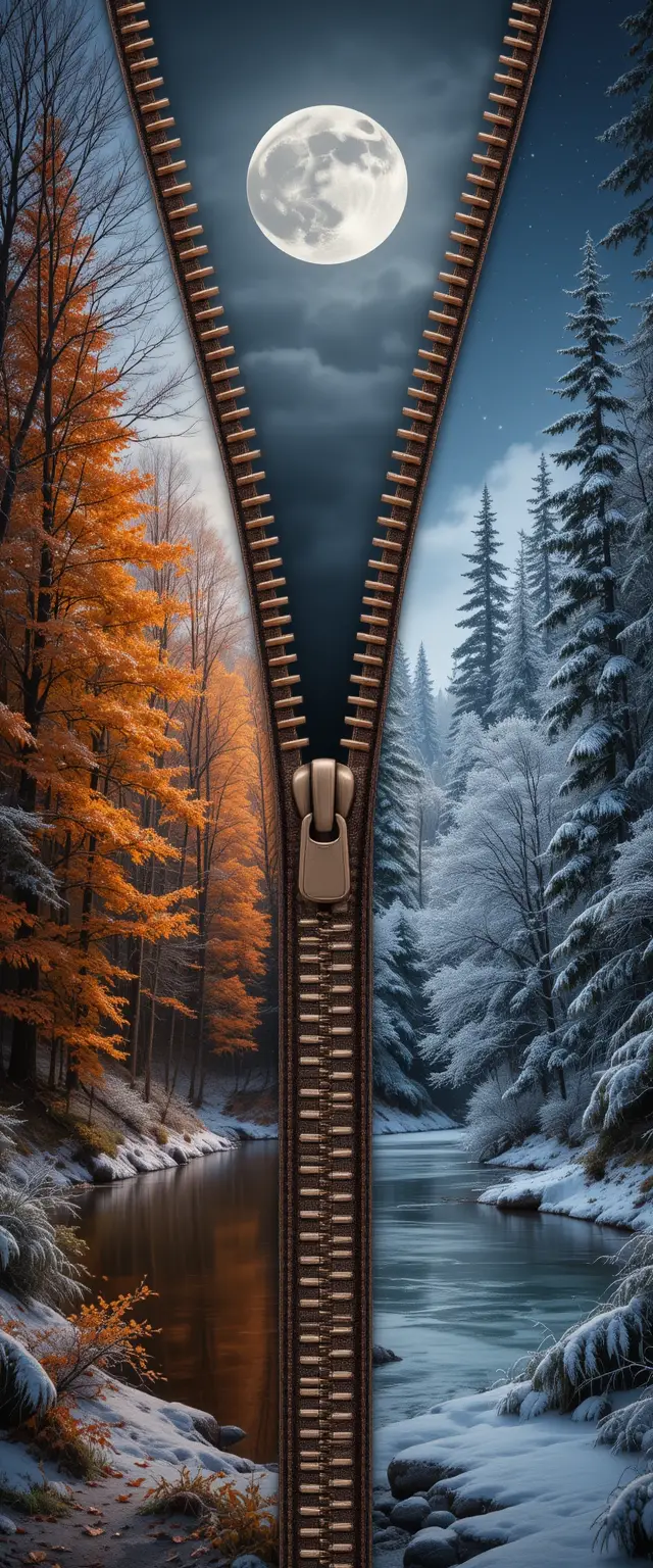 拉鍊揭開秋日森林與冰封冬季景觀