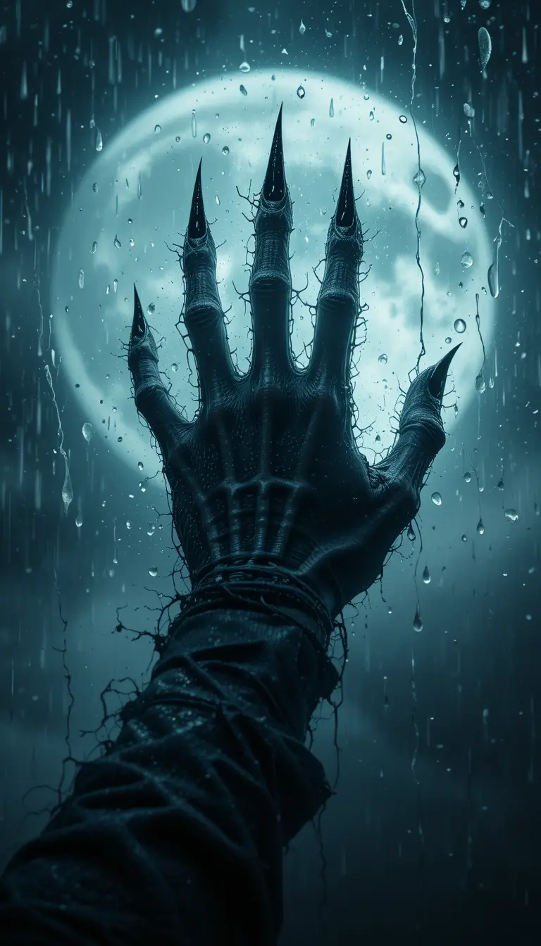 霧がかった雨のガラスを押し破る悪魔のかぎ爪の手