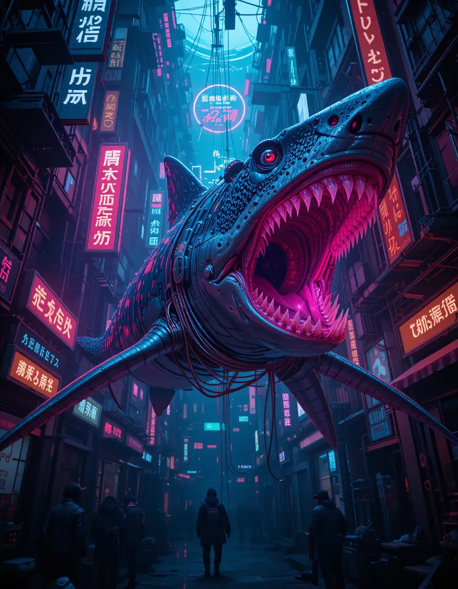 賽博遠古鯊魚在水下城市狩獵