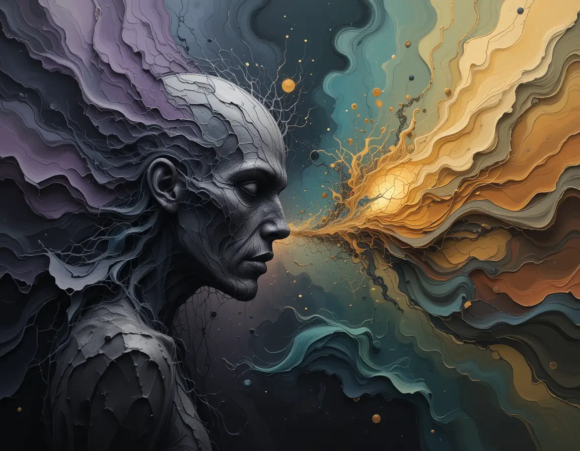 沉重混沌與光輝療癒能量的抽象對比