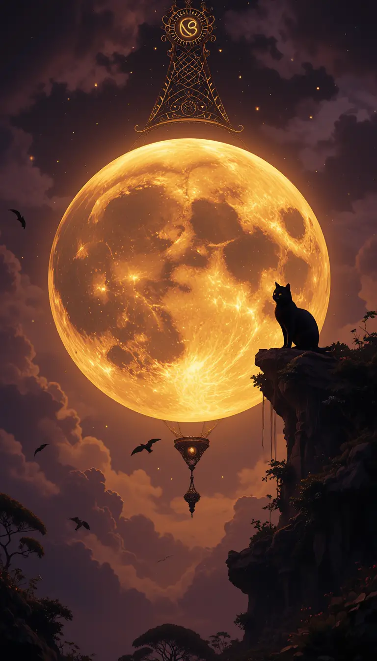 Mystische schwarze Katze neben einem leuchtenden Vollmond