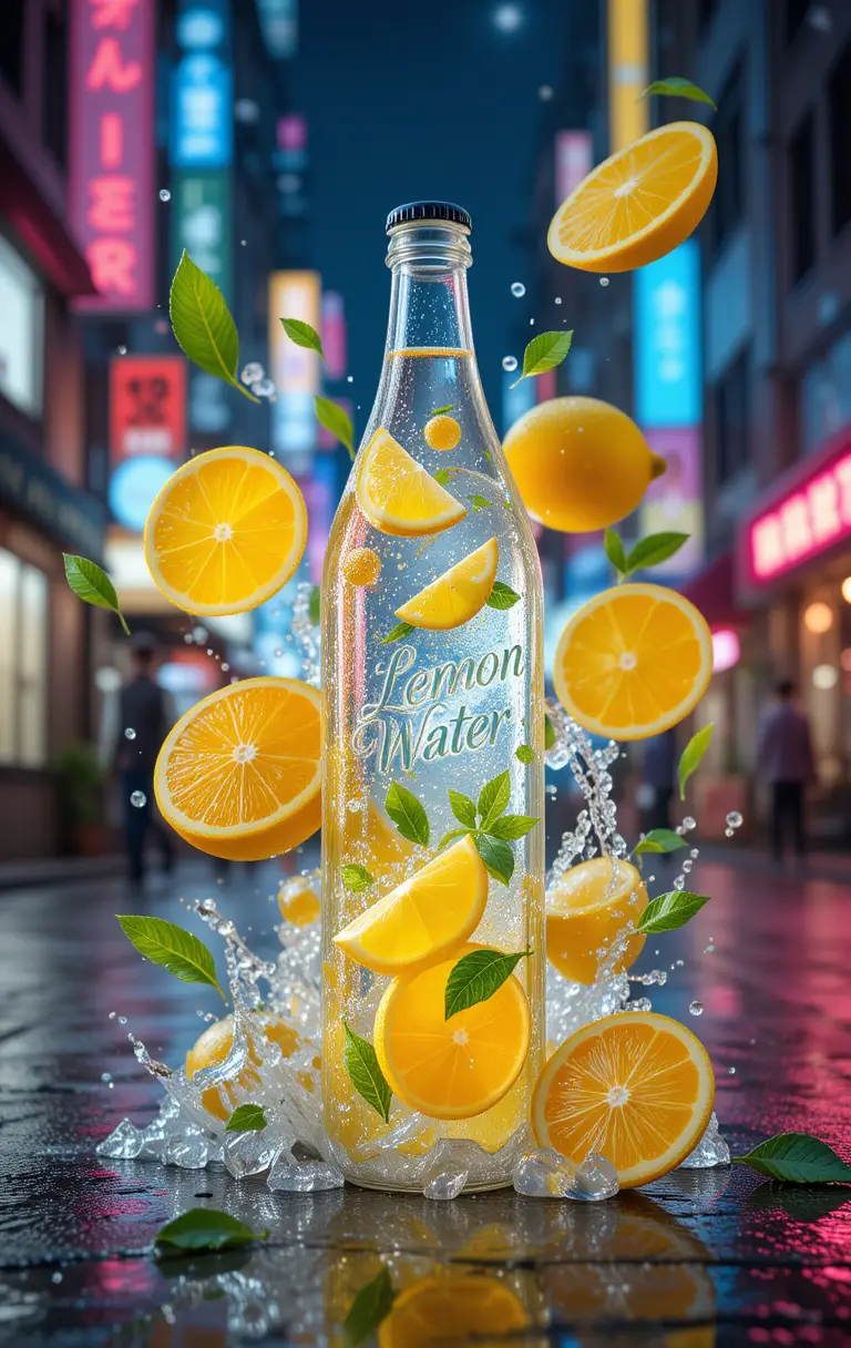 3D-Flasche Zitronenwasser in einer Neon-Stadtstraße