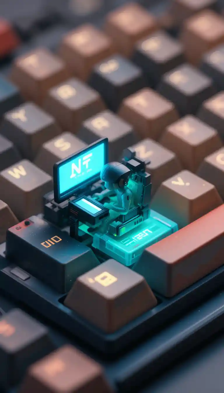 Miniature gamer inside keyboard keycaps 3d illustration