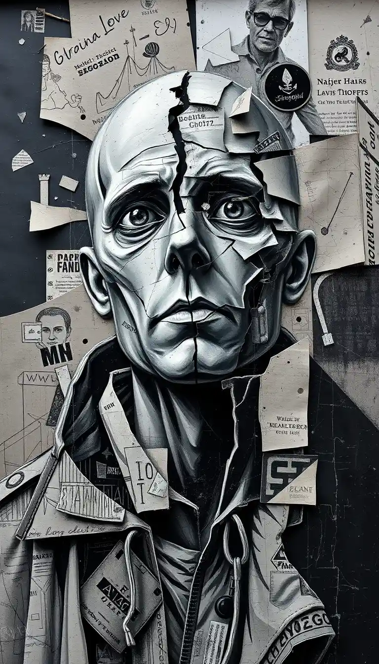 Abstract faceless outcast figure in fragmented collage