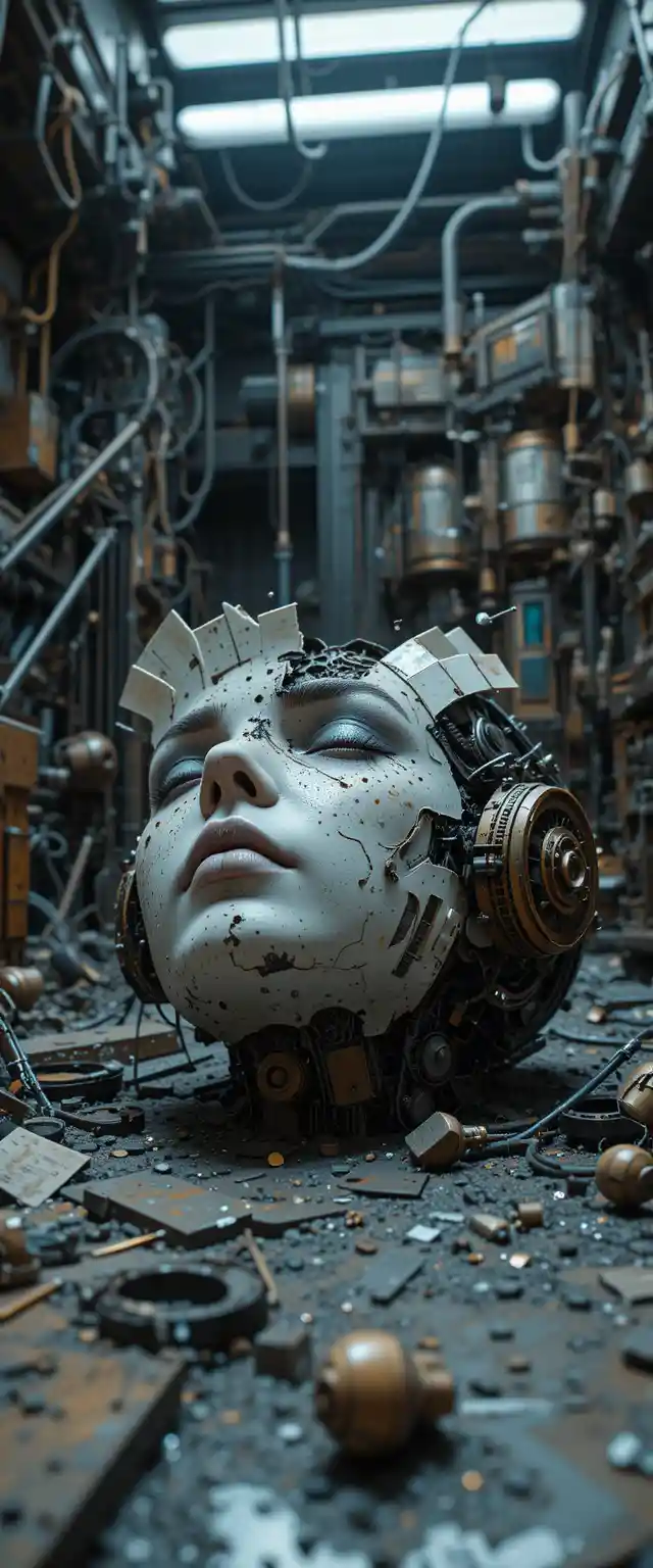 Testa di robot steampunk rotta in un bay di riparazione high-tech