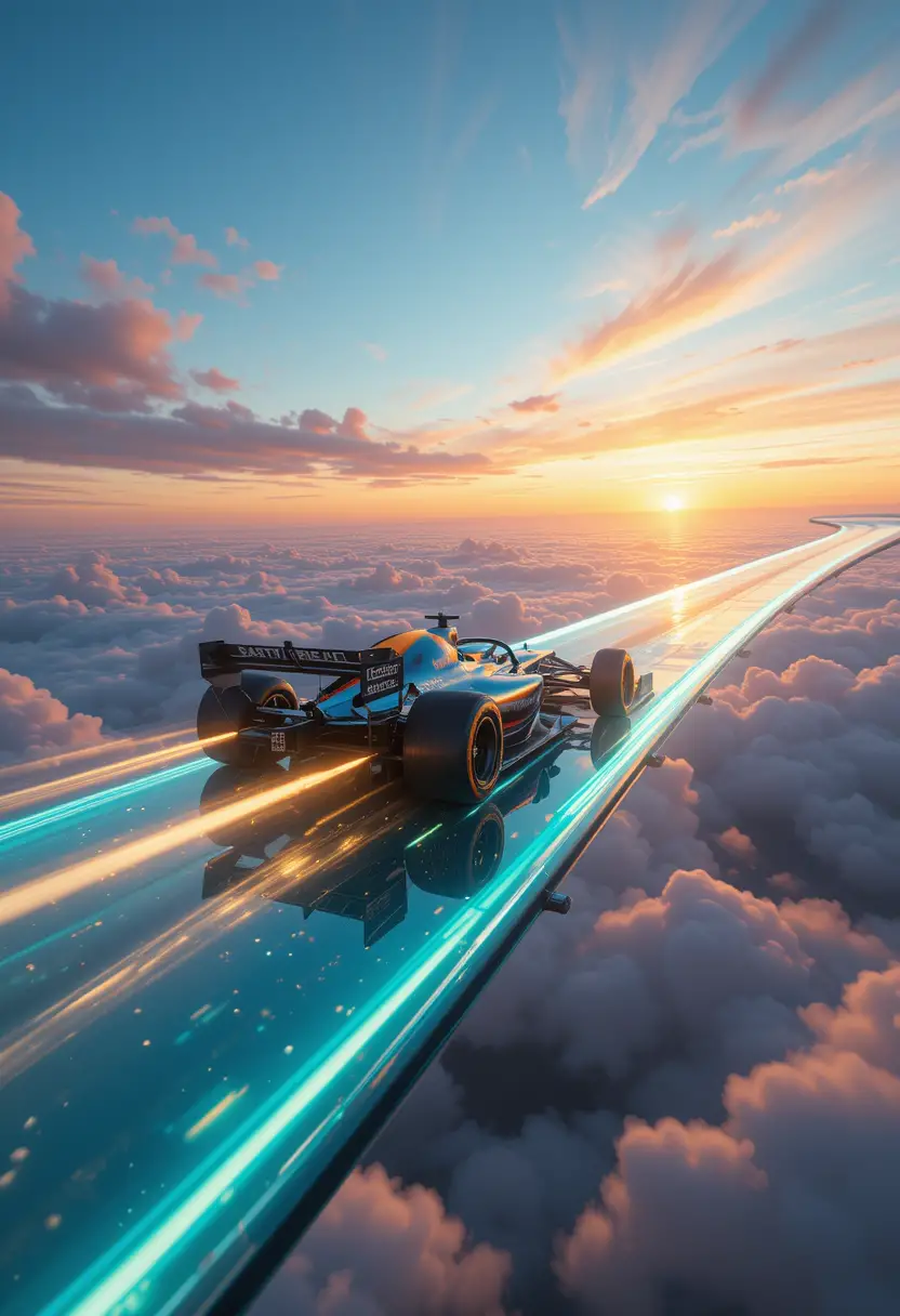 Auto di Formula 1 futuristica che corre su pista di vetro nel cielo