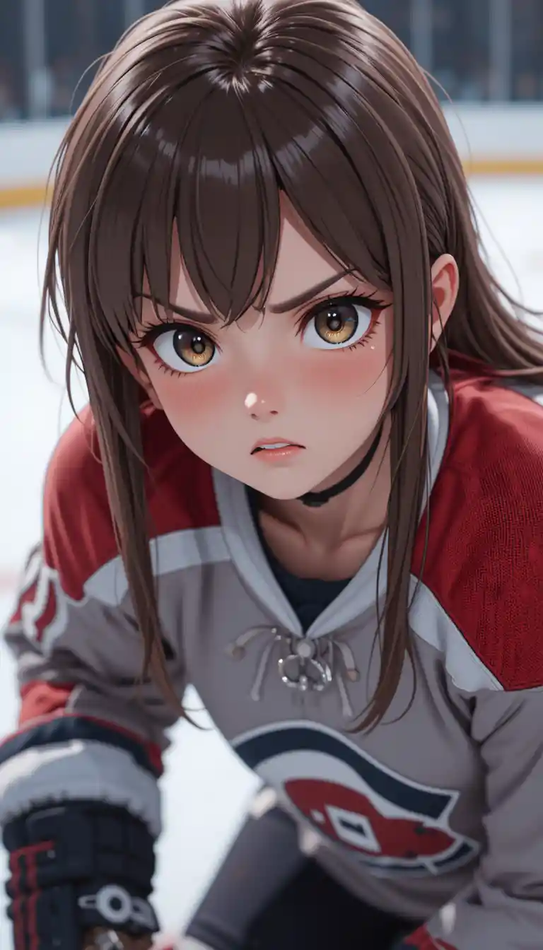 可愛的動漫女孩緊張地準備進行曲棍球點球射門
