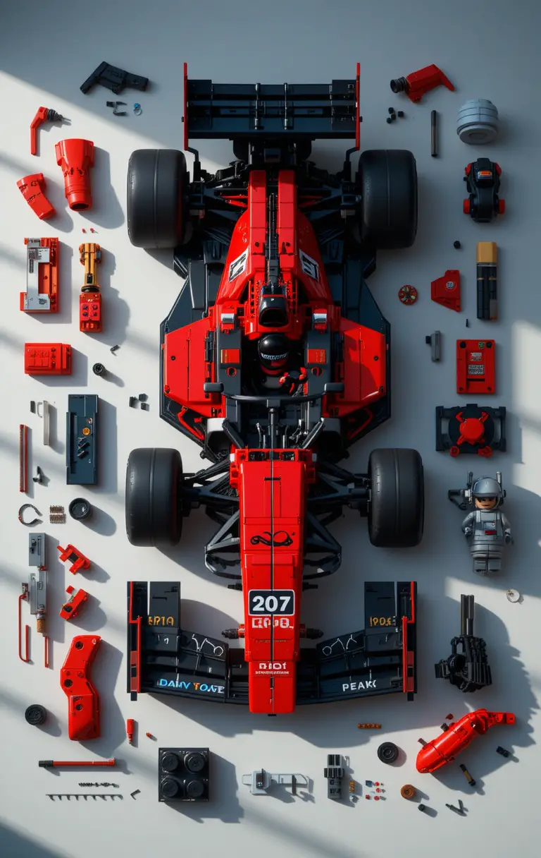 俯視寫實風樂高 F1 賽車攝影