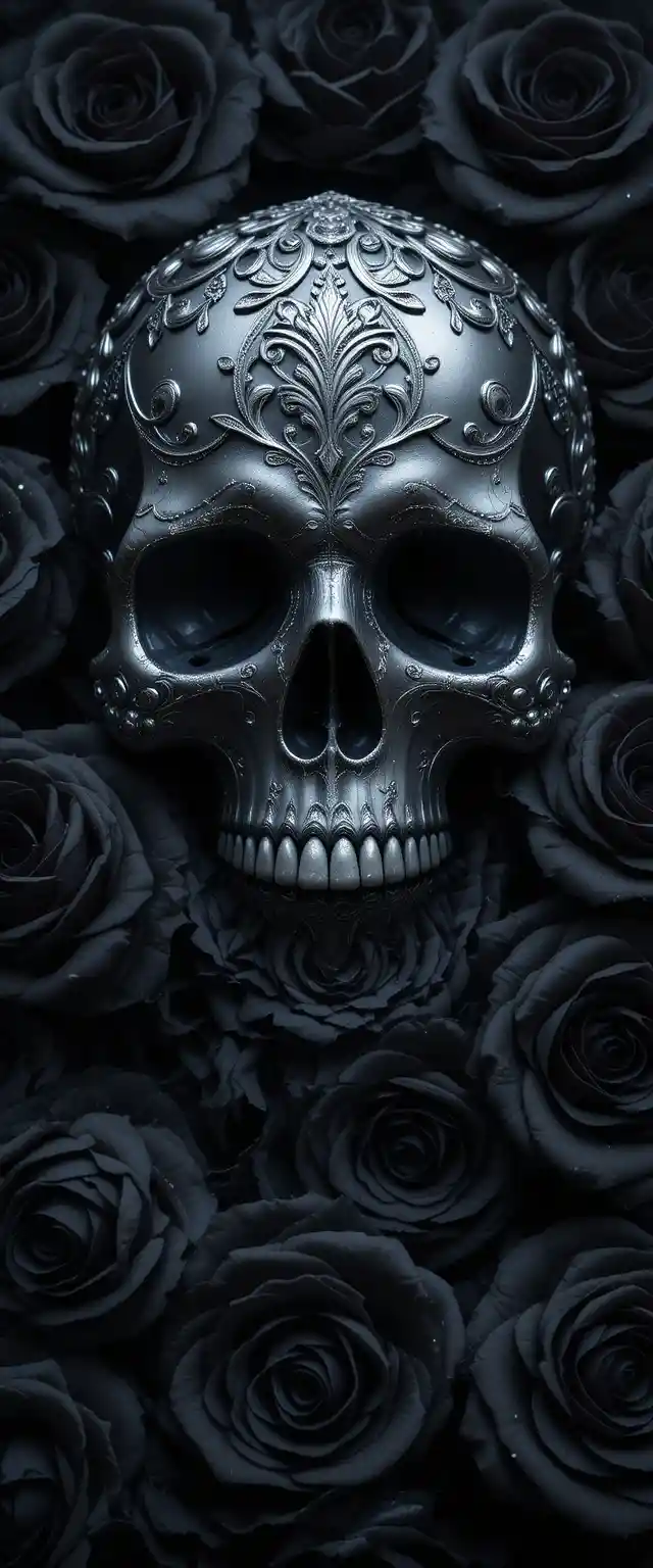 Silver detailed skull with dark black rose background