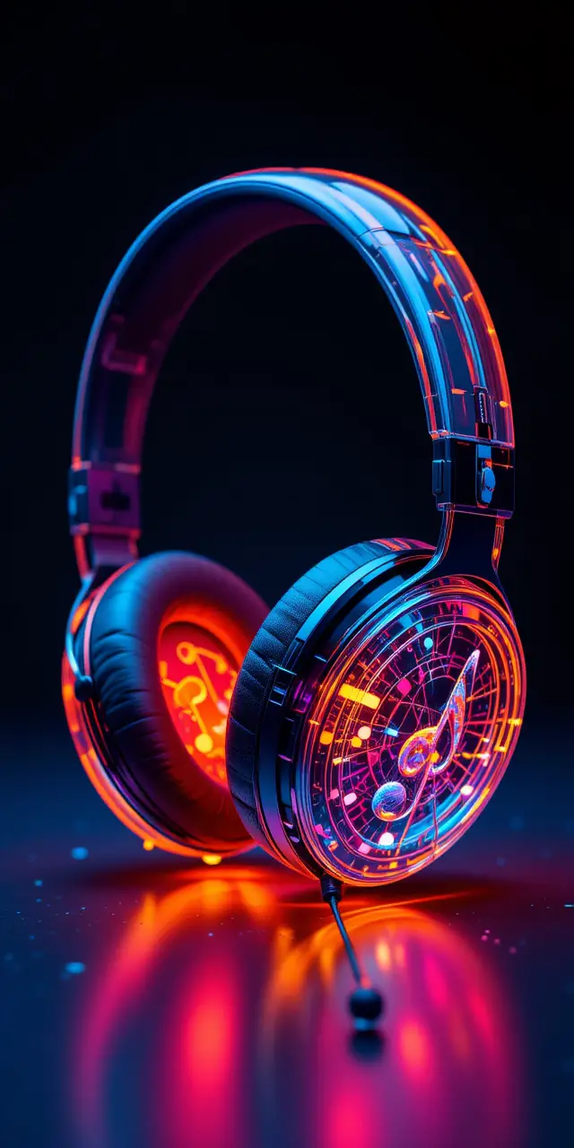 Colorful transparent headphones filled with music notes