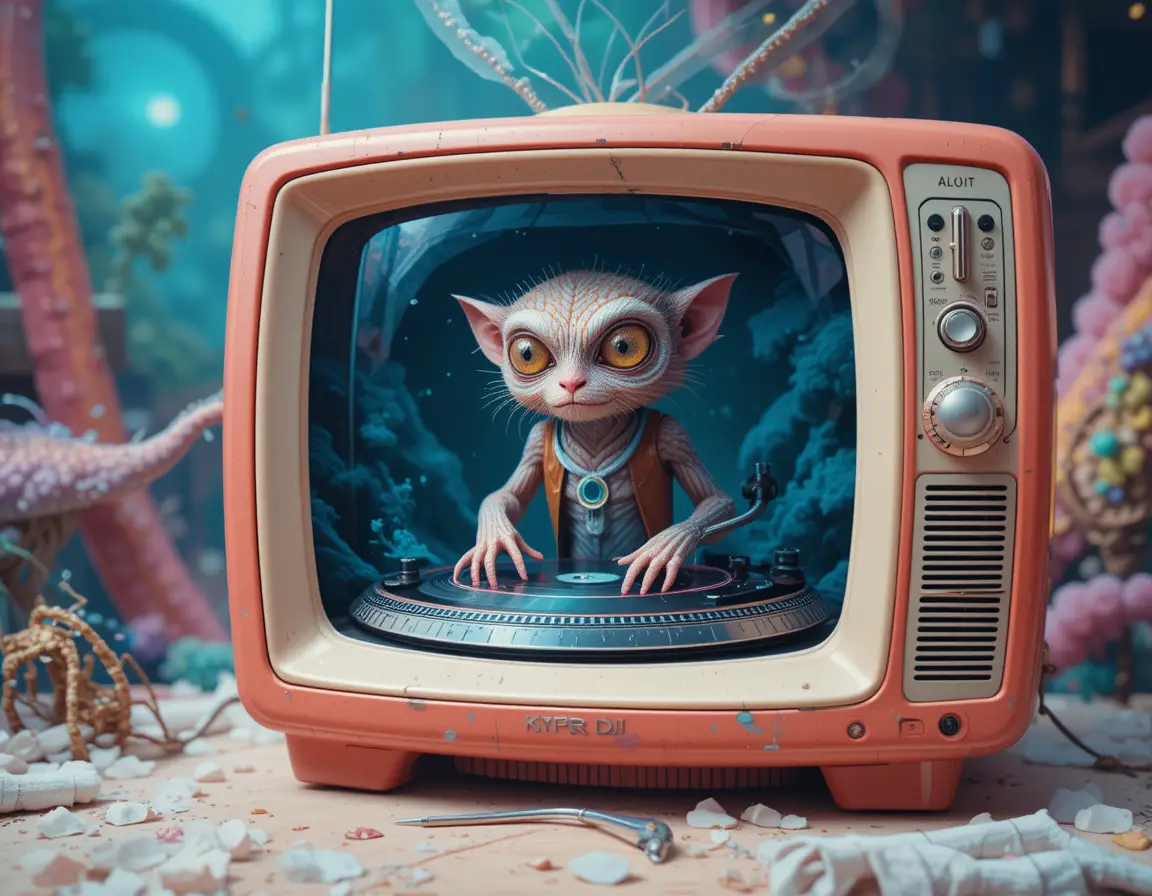 Surrealer psychedelischer Koboldmaki-Monster-DJ in einem Retro-CRT-Fernseher