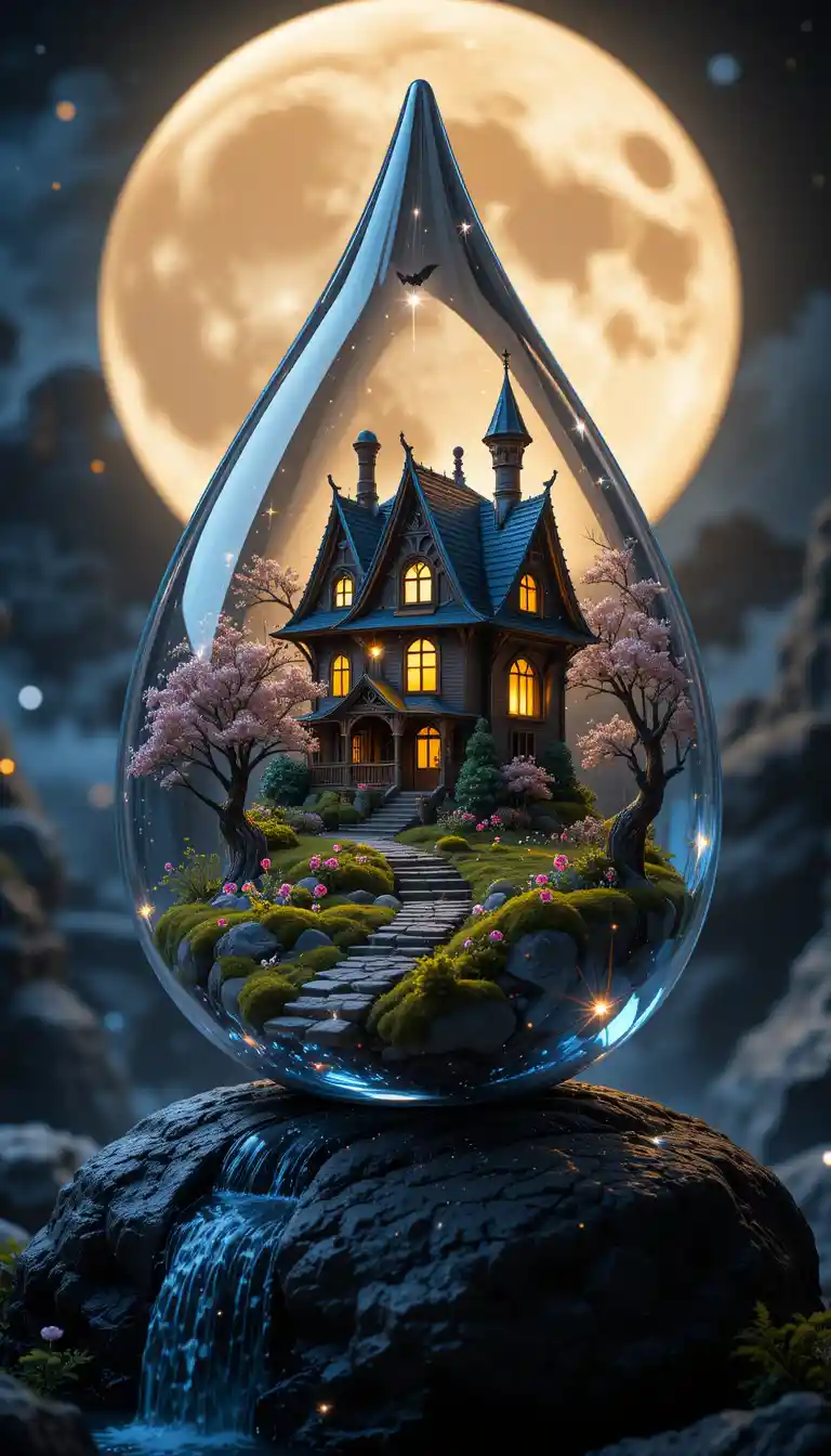 Piccola casa vittoriana fantasy all'interno di una goccia d'acqua
