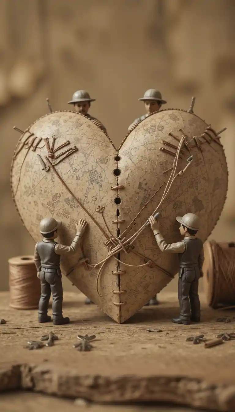 Miniature workers stitching a paper heart together