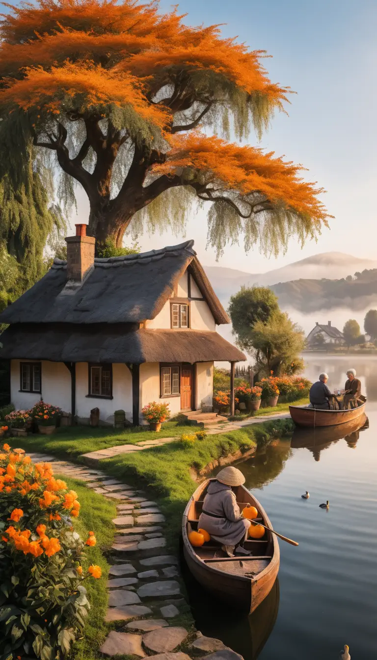Paisible village au bord de la rivière au lever du soleil avec couple âgé
