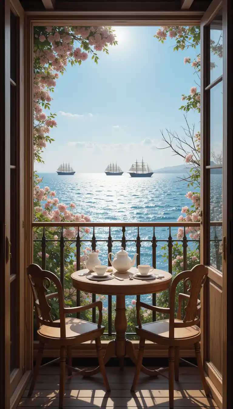 Accogliente balcone con tè del pomeriggio affacciato sul mare blu
