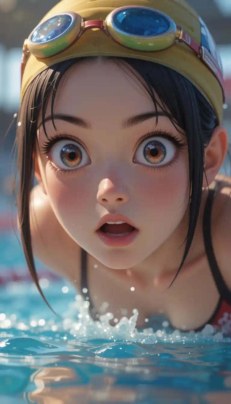 Cute 3D anime girl focused before swimming race