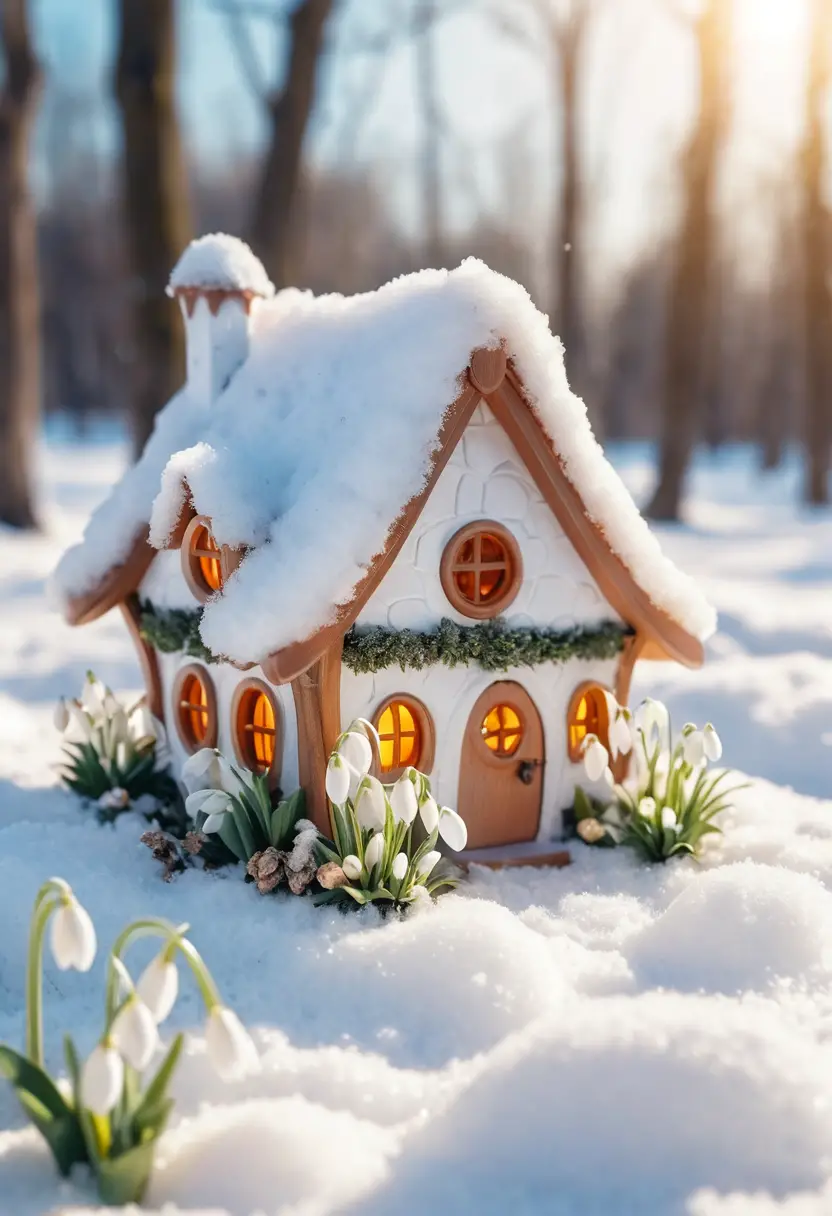 雪中發光燈的小小春日精靈屋
