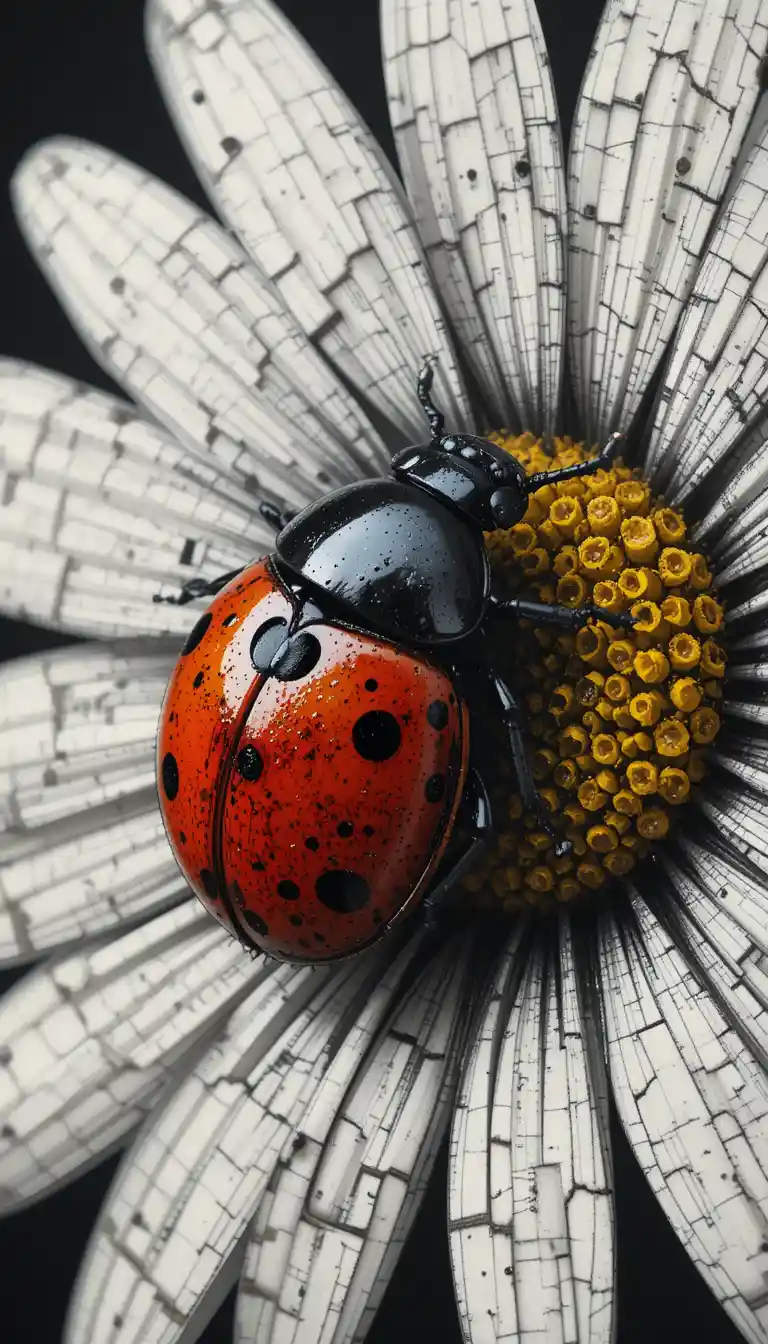 Ladybug resting on daisy in abstract ink art