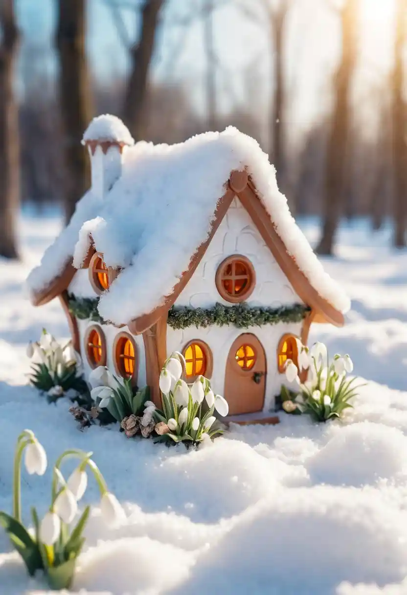 雪中發光燈的小小春日精靈屋