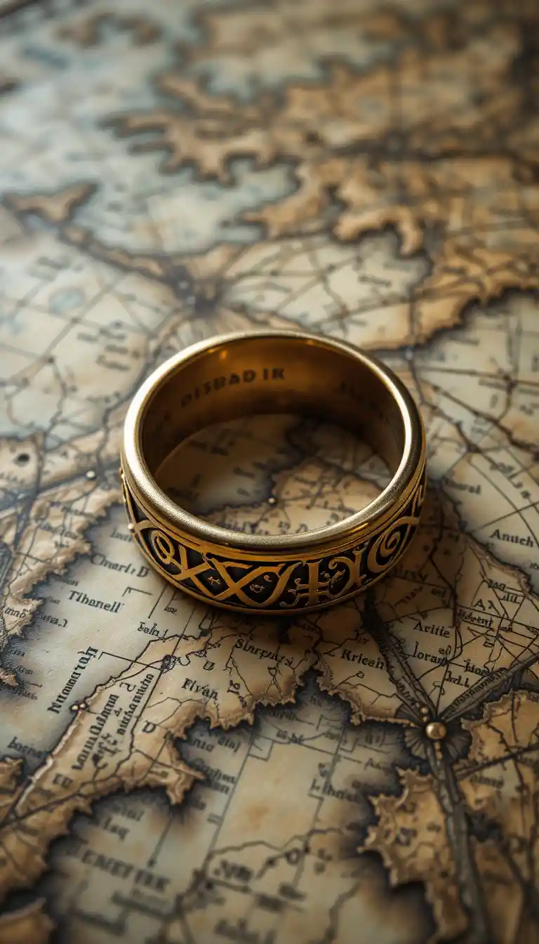 The One Ring on an ancient Middle earth fantasy map